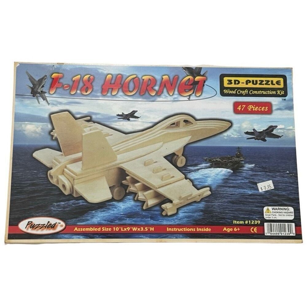 3-D Puzzle  F18 Hornet Jet Plane Wood Craft Construction Kit 47 pieces NEW